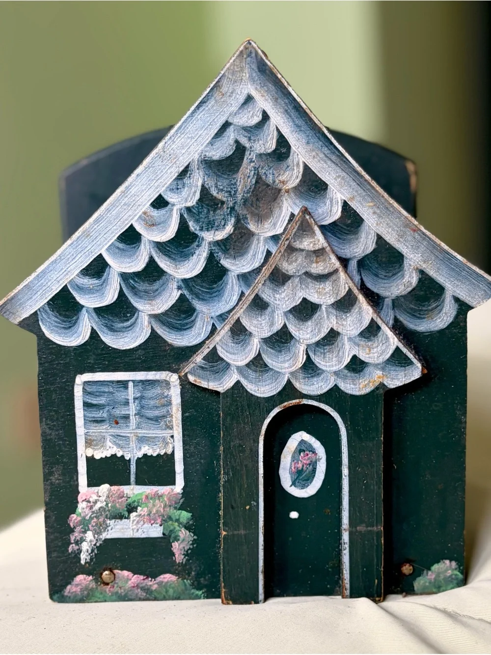 Hand-Painted Wooden Cottage House Kitcuen Napkin Deep Teal with Light Blue Roof